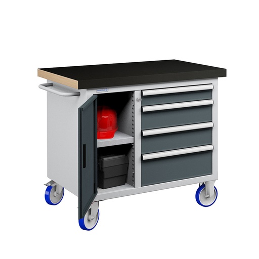 [050200] Banco móvil compacto con encimera de haya, 4 cajones y puerta - Dim.: 1065x750x908h mm - Gris ral 7035 y Gris ral 7016