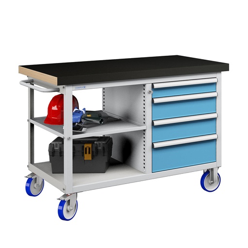 [050203] Banco móvil compacto con encimera de haya, 4 cajones y 1 estante - Dim.: 1315x750x908h mm - Gris ral 7035 y Azul ral 5012