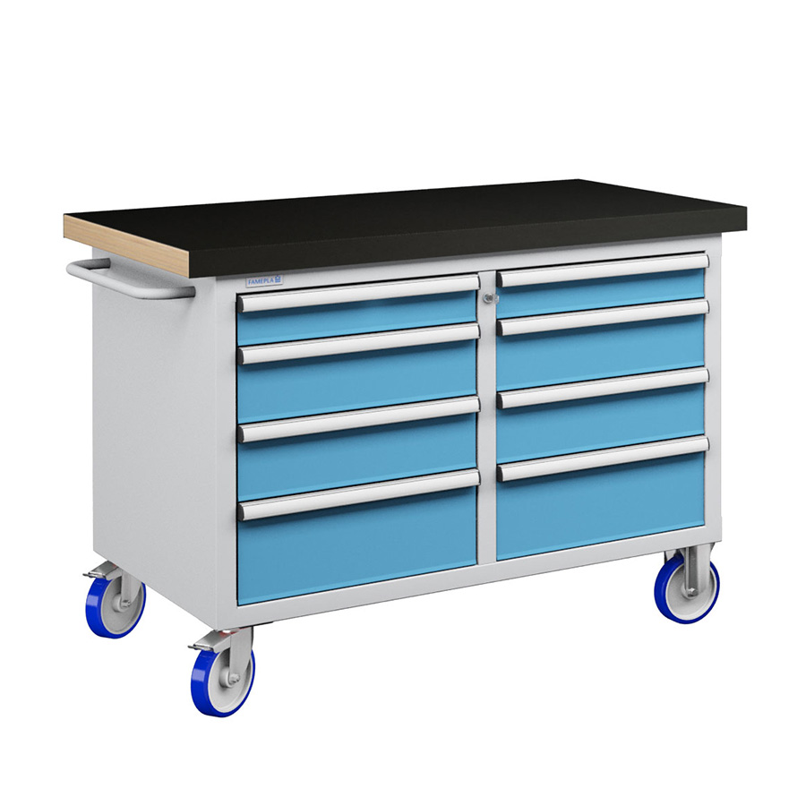 [050208] Banco móvil compacto con encimera de haya, 8 cajones - Dim.: 1315x750x908h mm - Gris ral 7035 y Azul ral 5012