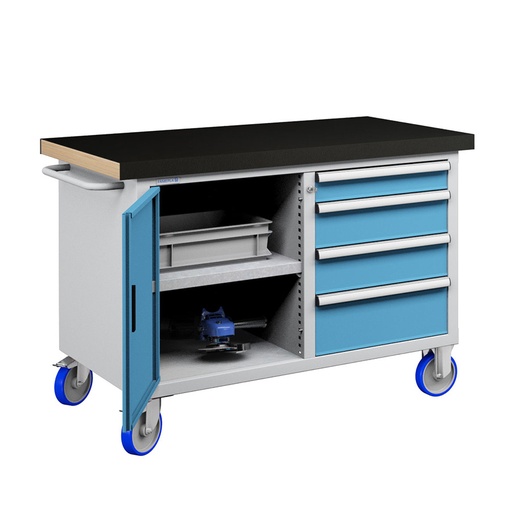 [050213] Banco móvil compacto con encimera de haya, 4 cajones, puerta y estante - Dim.: 1315x750x908h mm - Gris ral 7035 y Azul ral 5012