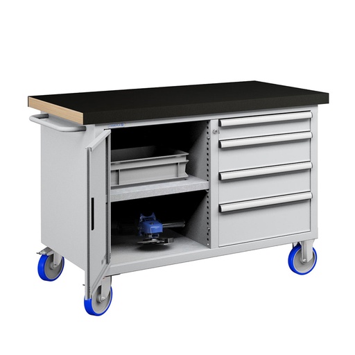 [050214] Banco móvil compacto con encimera de haya, 4 cajones, puerta y estante - Dim.: 1315x750x908h mm - Gris ral 7035