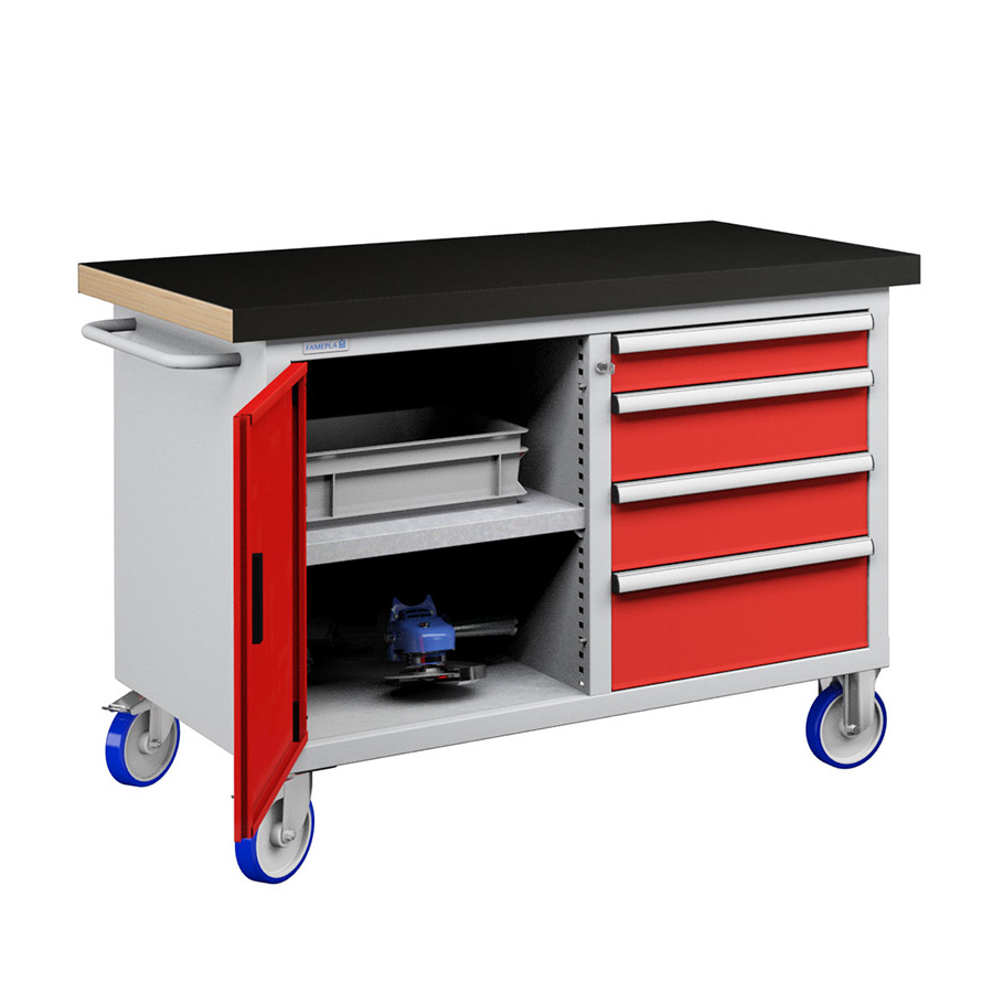 [050217] Banco móvil compacto con encimera de haya, 4 cajones, puerta y estante - Dim.: 1315x750x908h mm - Gris ral 7035 y Rojo ral 3003