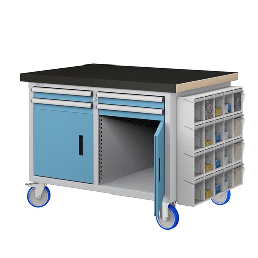 [050218] Banco móvil compacto con encimera de haya, 4 cajones, 2 puertas y practibox - Dim.: 1315x750x908h mm - Gris ral 7035 y Azul ral 5012