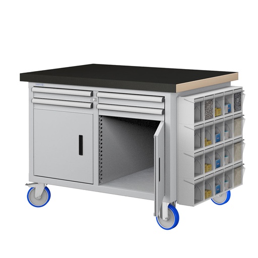 [050219] Banco móvil compacto con encimera de haya, 4 cajones, 2 puertas y practibox - Dim.: 1315x750x908h mm - Gris ral 7035