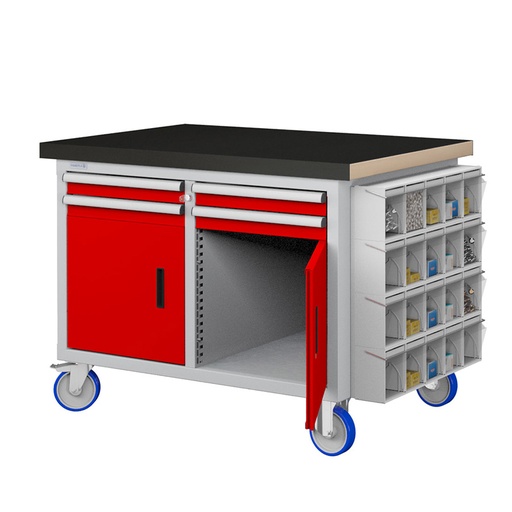 [050222] Banco móvil compacto con encimera de haya, 4 cajones, 2 puertas y practibox - Dim.: 1315x750x908h mm - Gris ral 7035 y Rojo ral 3003