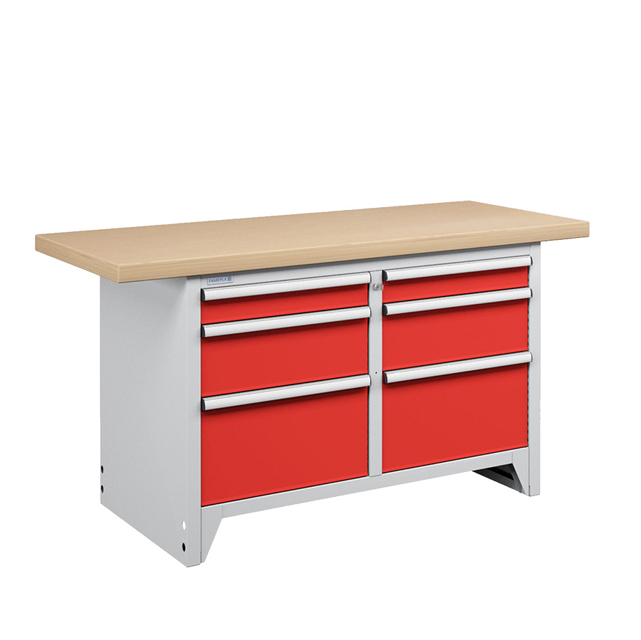 [050238] Banco compacto con encimera de haya y 6 cajones - Dim.: 1500x750x840h mm - Gris ral 7035 y Rojo ral 3003