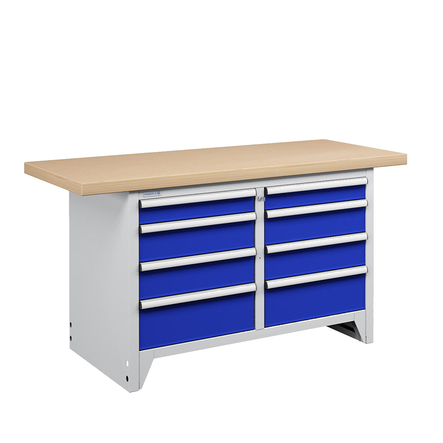 [050240] Banco compacto con encimera de haya y 8 cajones - Dim.: 1500x750x840h mm - Gris ral 7035 y Azul ral 5005