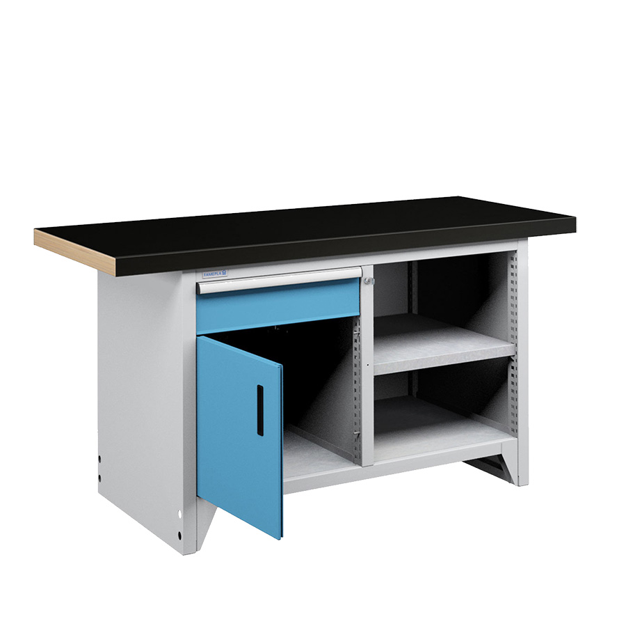 [050245] Banco compacto con encimera de haya, 1 cajón, 1 puerta y 1 estante - Dim.: 1500x750x840h mm - Gris ral 7035 y Azul ral 5012