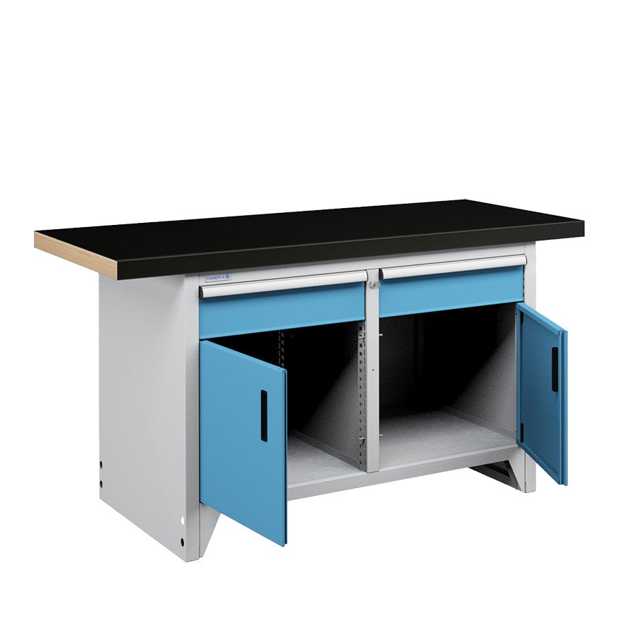 [050250] Banco compacto con encimera de haya, 2 cajones y 2 puertas - Dim.: 1500x750x840h mm - Gris ral 7035 y Azul ral 5012