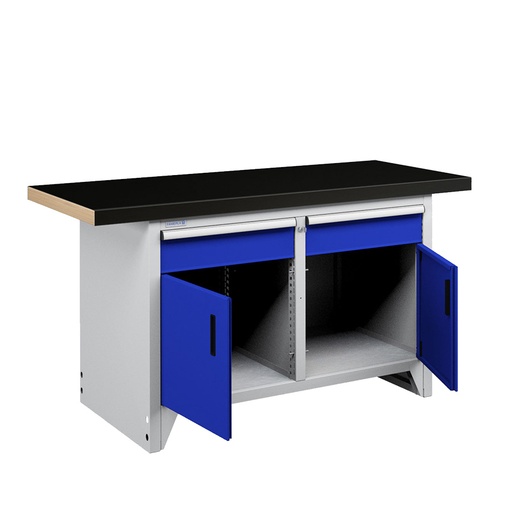 [050253] Banco compacto con encimera de haya, 2 cajones y 2 puertas - Dim.: 1500x750x840h mm - Gris ral 7035 y Azul ral 5005