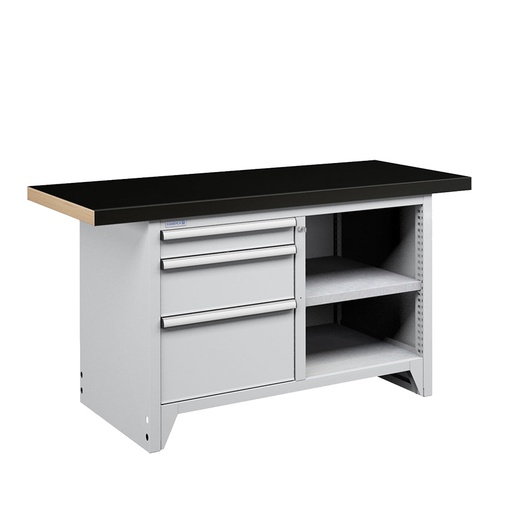 [050256] Banco compacto con encimera de haya, 3 cajones y 1 estante - Dim.: 1500x750x840h mm - Gris ral 7035 y Azul ral 5012