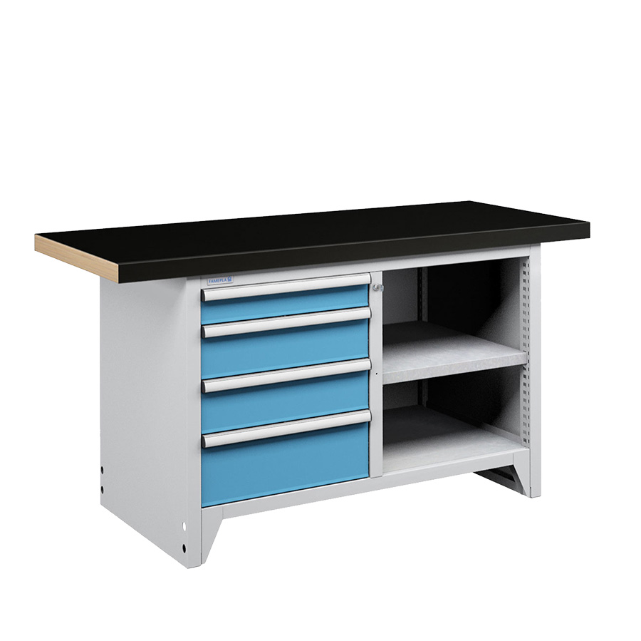 [050260] Banco compacto con encimera de haya, 4 cajones y 1 estante - Dim.: 1500x750x840h mm - Gris ral 7035 y Azul ral 5012