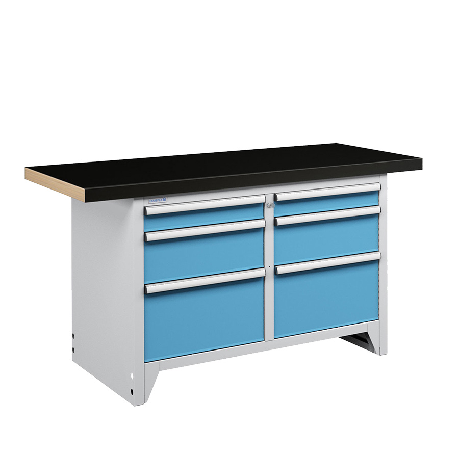 [050265] Banco compacto con encimera de haya y 6 cajones - Dim.: 1500x750x840h mm - Gris ral 7035 y Azul ral 5012