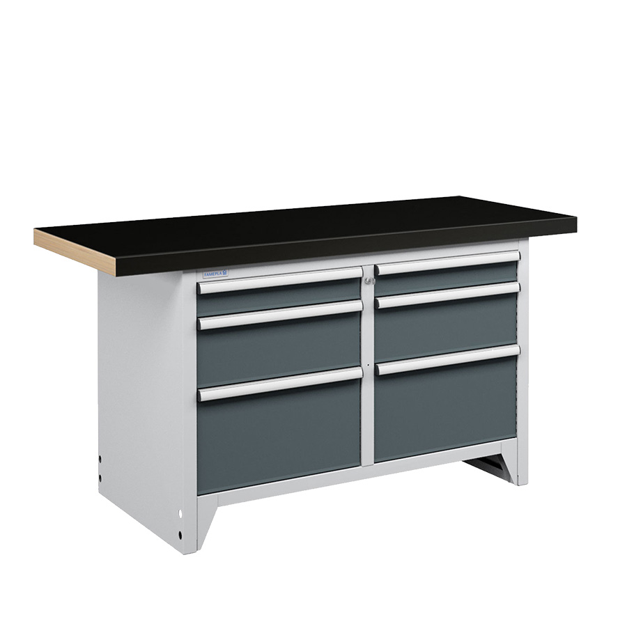 [050267] Banco compacto con encimera de haya y 6 cajones - Dim.: 1500x750x840h mm - Gris ral 7035 y Gris ral 7016