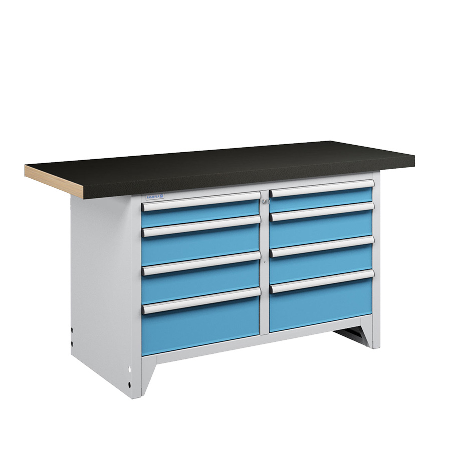 [050270] Banco compacto con encimera de haya y 8 cajones - Dim.: 1500x750x840h mm - Gris ral 7035 y Azul ral 5012