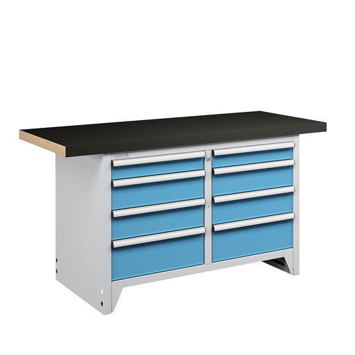 [050270] Banco compacto con encimera de haya y 8 cajones - Dim.: 1500x750x840h mm - Gris ral 7035 y Azul ral 5012