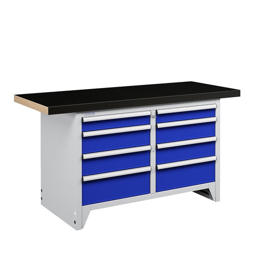 [050274] Banco compacto con encimera de haya y 8 cajones - Dim.: 1500x750x840h mm - Gris ral 7035 y Azul ral 5005