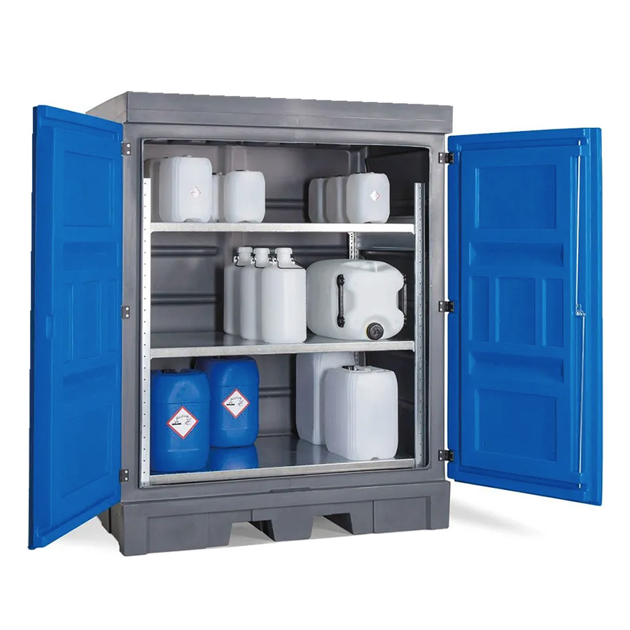 [050344] Armario plástico con puertas batientes y estantería interior metálica - Dim.:1560x1080x1980h mm - Azul y gris oscuro