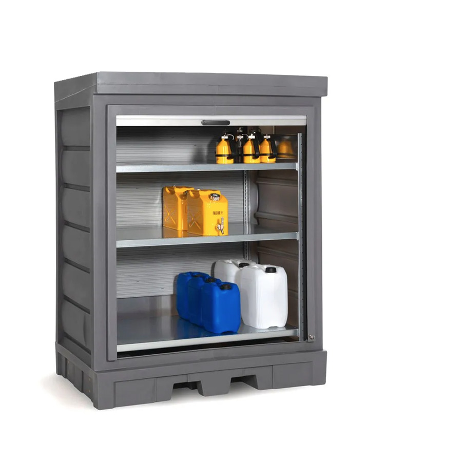 [050346] Armario plástico con puerta de persiana y estantería interior metálica - Dim.:1554x1083x1980h mm - Azul y gris oscuro