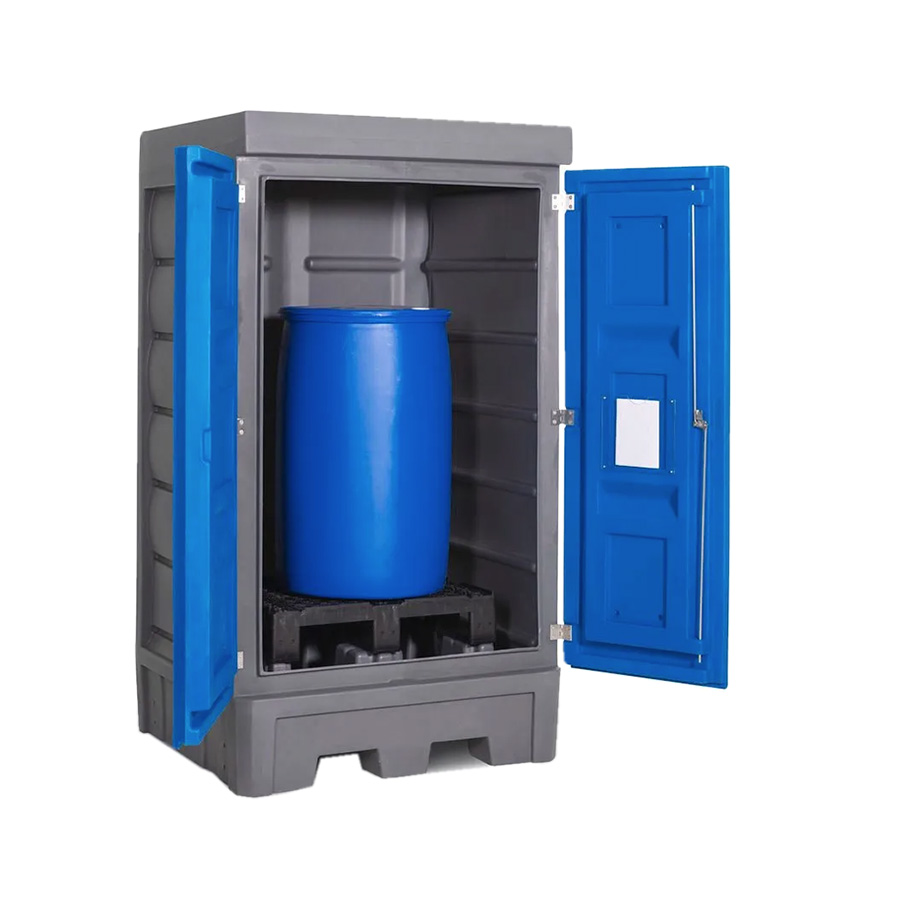 [050350] Armario plástico con puertas batientes para almacenamiento de 1 bidón de 200 lts. y palet de plástico - Dim.:1140x1050x2060h mm - Azul y gris oscuro