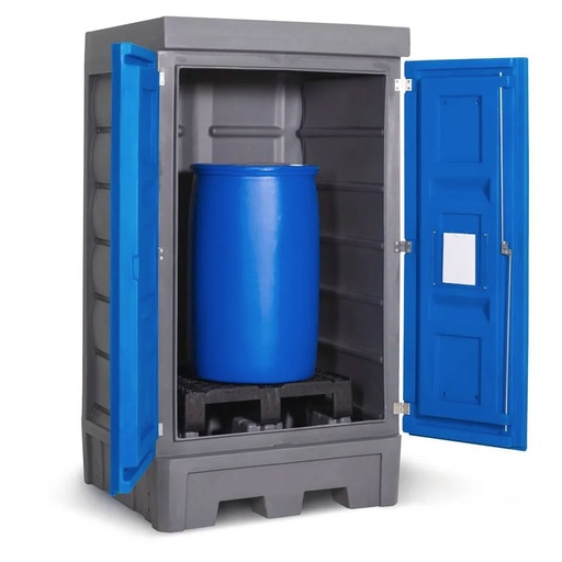 [050350] Armario plástico con puertas batientes para almacenamiento de 1 bidón de 200 lts. y palet de plástico - Dim.:1140x1050x2060h mm - Azul y gris oscuro