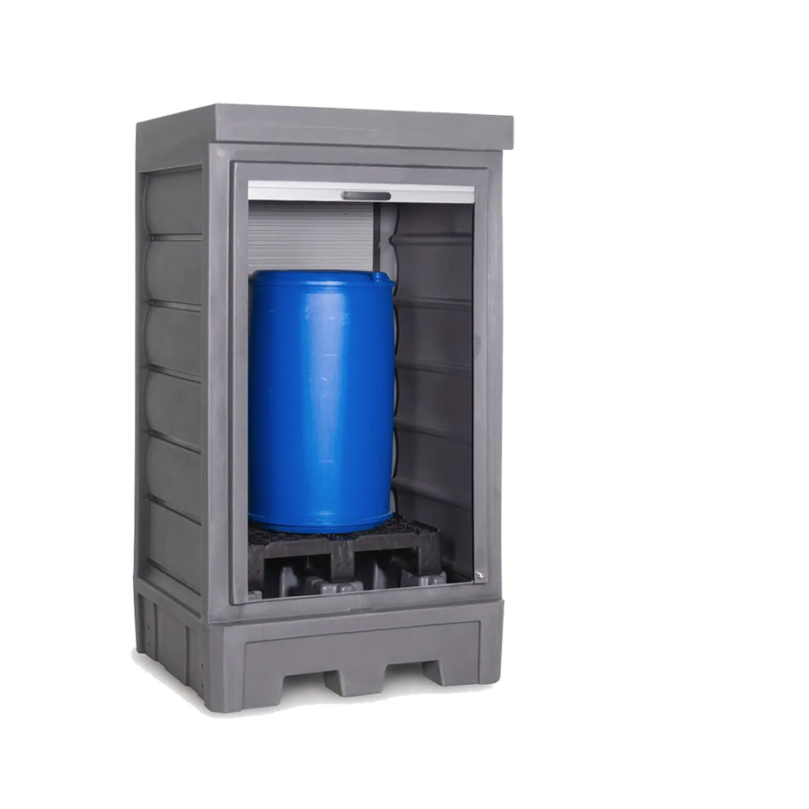 [050352] Armario plástico con puerta de persiana para almacenamiento de 1 bidón de 200 lts. y palet de plástico - Dim.:1140x1050x2060h mm - Azul y gris oscuro