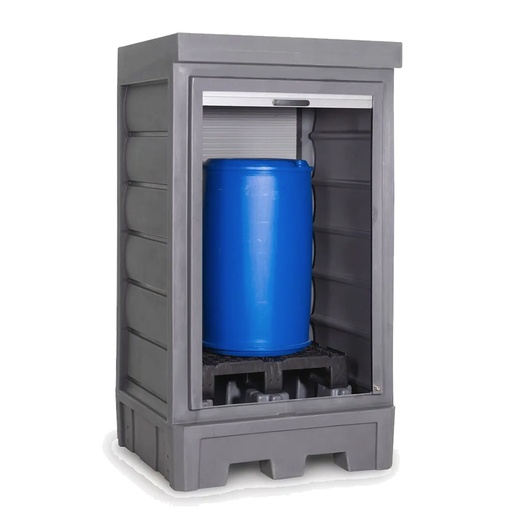 [050352] Armario plástico con puerta de persiana para almacenamiento de 1 bidón de 200 lts. y palet de plástico - Dim.:1140x1050x2060h mm - Azul y gris oscuro