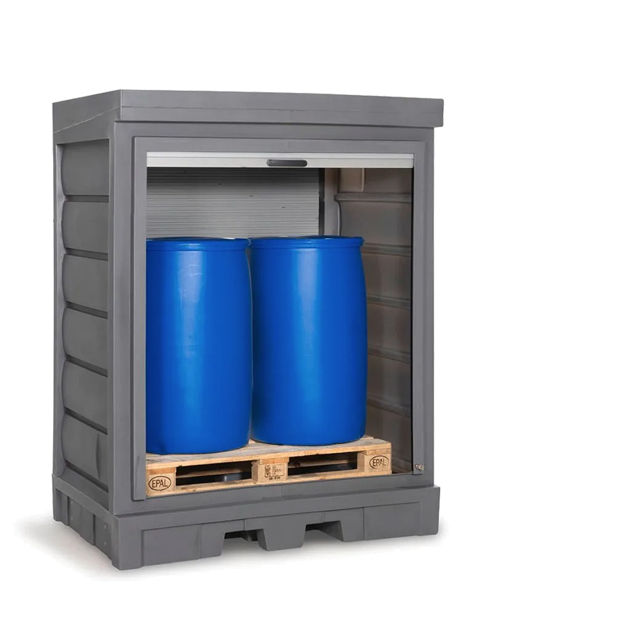 [050353] Armario plástico con puerta de persiana para almacenamiento de 2 bidones de 200 lts. - Dim.:1554x1083x1980h mm - Azul y gris oscuro