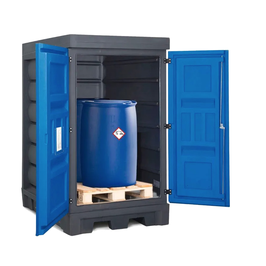 [050354] Armario plástico con puertas batientes para almacenamiento de hasta 2 bidones de 200 lts. - Dim.: 1140x1410x1980h mm - Azul y gris oscuro