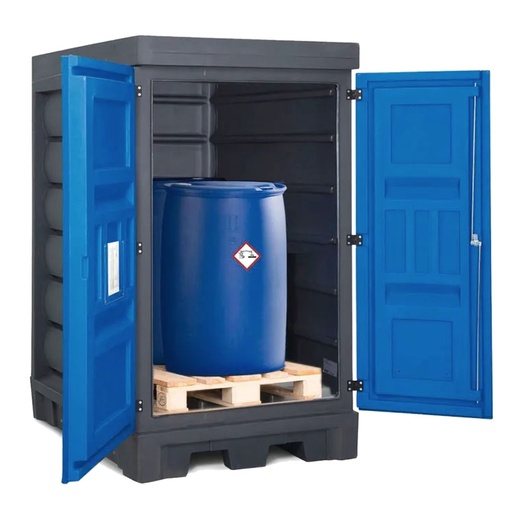 [050354] Armario plástico con puertas batientes para almacenamiento de hasta 2 bidones de 200 lts. - Dim.: 1140x1410x1980h mm - Azul y gris oscuro