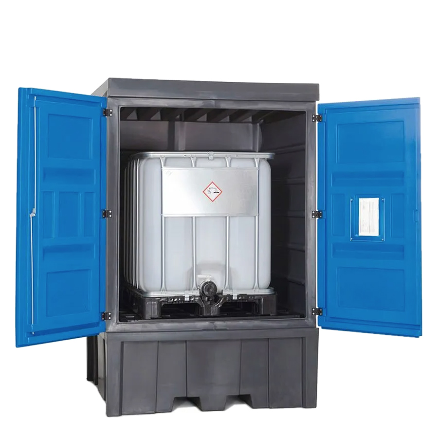 [050355] Armario plástico con puertas batientes para almacenamiento de hasta 1 depósito de 1000 lts. - Dim.:1560x1550x2330h mm - Azul y gris oscuro