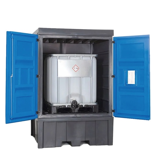 [050355] Armario plástico con puertas batientes para almacenamiento de hasta 1 depósito de 1000 lts. - Dim.:1560x1550x2330h mm - Azul y gris oscuro