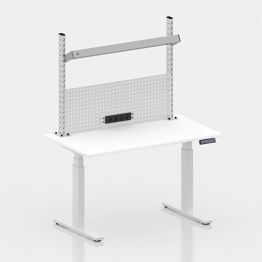 [050409] Mesa elevable eléctricamente con encimera de madera laminada - Dim.: 1250x700x1473/2123h mm - Blanco ral 9010