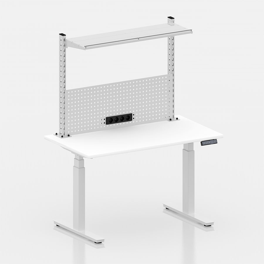 [050411] Mesa elevable eléctricamente con encimera de madera laminada - Dim.: 1250x700x1473/2123h mm - Blanco ral 9010