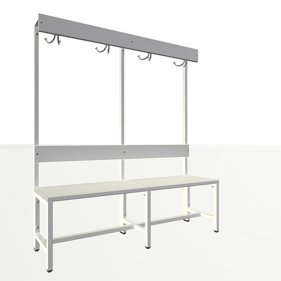 [050473] Banqueta para vestuario de lamas de plástico con respaldo y perchero con 4 colgadores - Dim.: 1500x400x1600h mm - Gris ral 7035