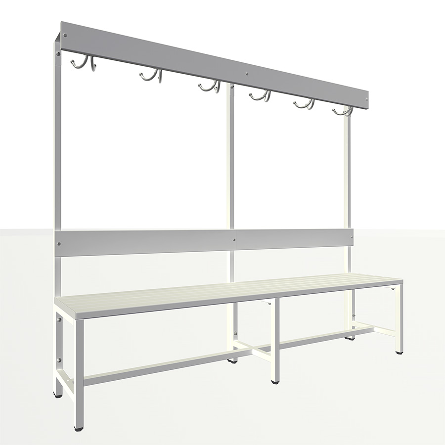 [050474] Banqueta para vestuario de lamas de plástico con respaldo y perchero con 6 colgadores - Dim.: 2000x400x1600h mm - Gris ral 7035
