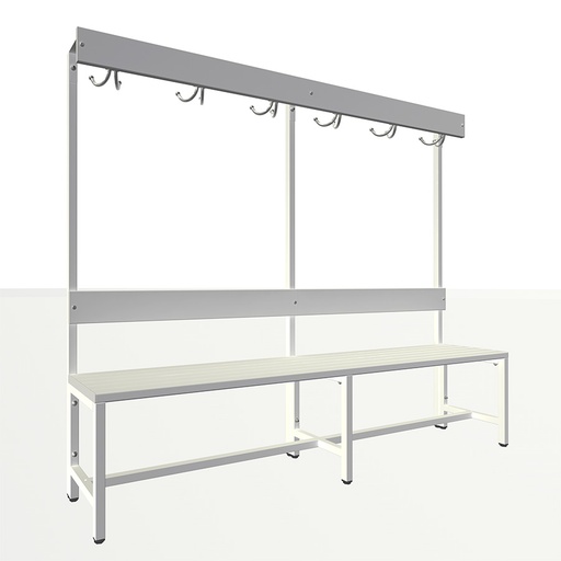 [050474] Banqueta para vestuario de lamas de plástico con respaldo y perchero con 6 colgadores - Dim.: 2000x400x1600h mm - Gris ral 7035