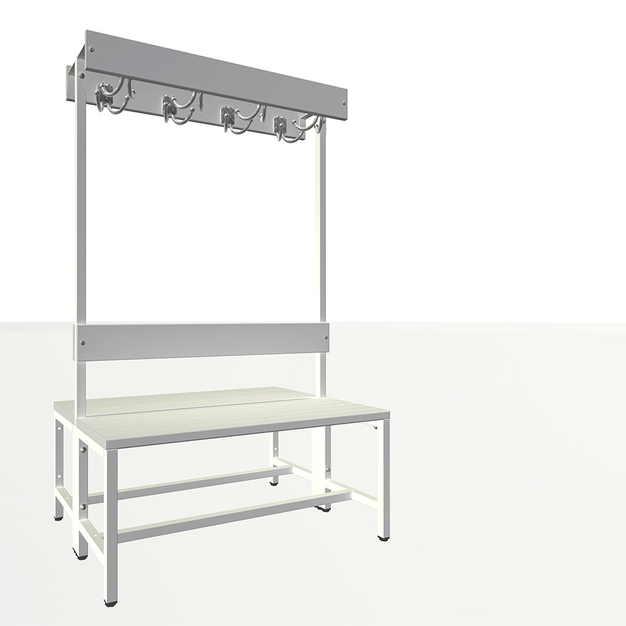 [050475] Banqueta para vestuario de lamas de plástico a 2 caras, con respaldo y perchero con 8 colgadores - Dim.: 1000x770x1600h mm - Gris ral 7035