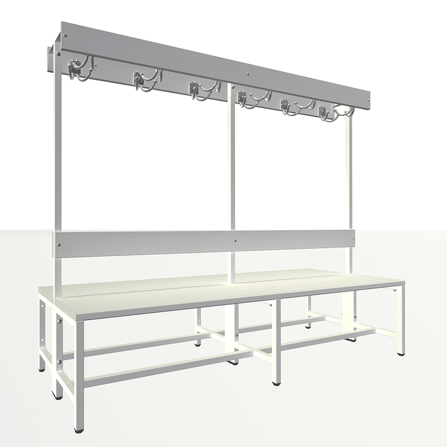 [050477] Banqueta para vestuario de lamas de plástico a 2 caras, con respaldo y perchero con 12 colgadores - Dim.: 2000x770x1600h mm - Gris ral 7035