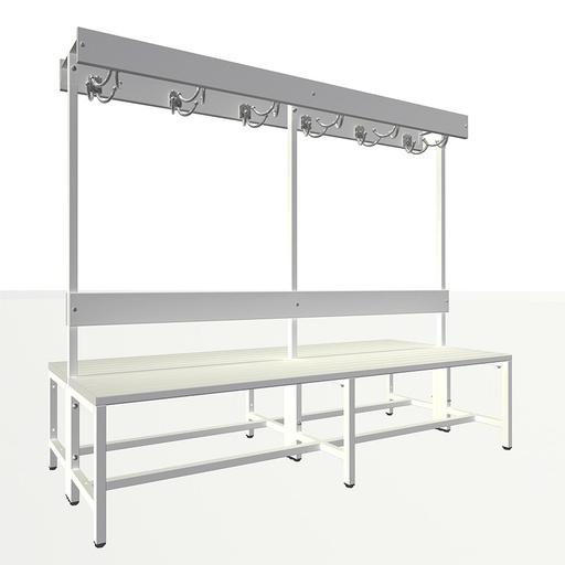 [050477] Banqueta para vestuario de lamas de plástico a 2 caras, con respaldo y perchero con 12 colgadores - Dim.: 2000x770x1600h mm - Gris ral 7035
