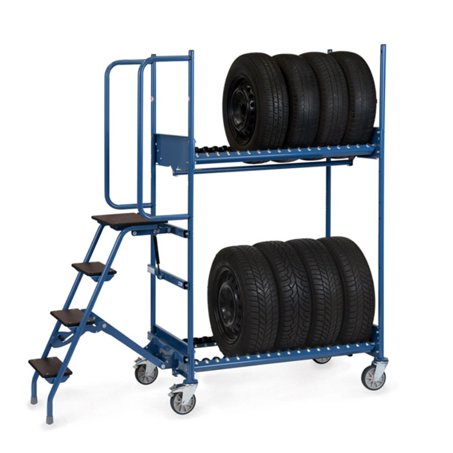 [050611] Carro para transporte de ruedas y neumáticos con escalera - Dim. plataforma 1.000 x 588 mm - Azul ral 5007