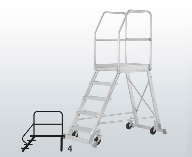 [050750] Escalera móvil con plataforma de acceso por un lado con barandillas - 4 escalones - Dim.: 1500x890x1950h mm - Aluminio