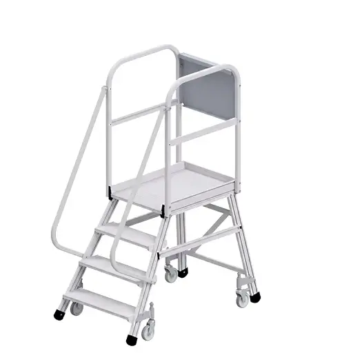 [050750] Escalera móvil con plataforma de acceso por un lado con barandillas - 4 escalones - Dim.: 1500x890x1950h mm - Aluminio
