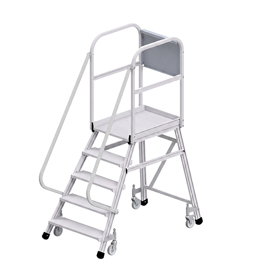 [050751] Escalera móvil con plataforma de acceso por un lado con barandillas - 5 escalones - Dim.: 1700x890x2200h mm - Aluminio