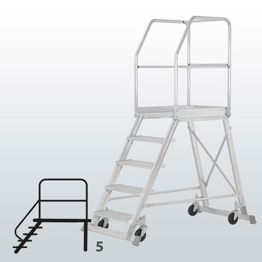 [050751] Escalera móvil con plataforma de acceso por un lado con barandillas - 5 escalones - Dim.: 1700x890x2200h mm - Aluminio