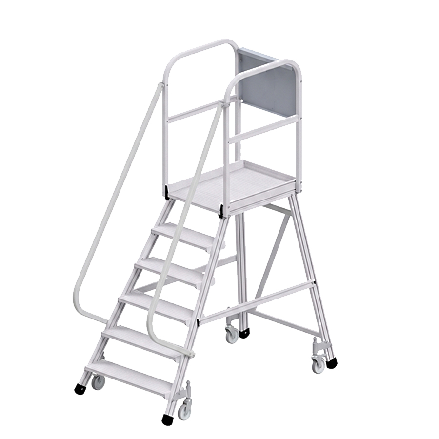 [050752] Escalera móvil con plataforma de acceso por un lado con barandillas - 6 escalones - Dim.: 1900x1070x2450h mm - Aluminio