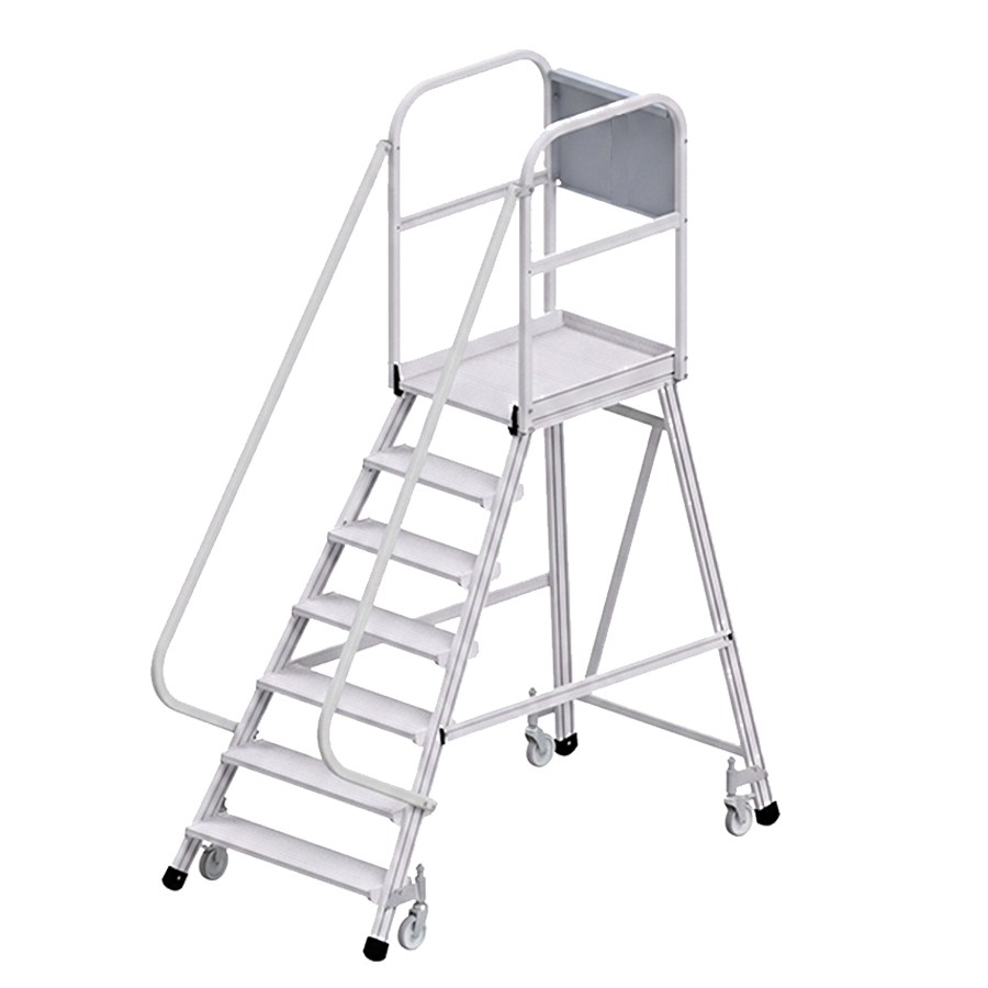 [050753] Escalera móvil con plataforma de acceso por un lado con barandillas - 7 escalones - Dim.: 2100x1200x2700h mm - Aluminio