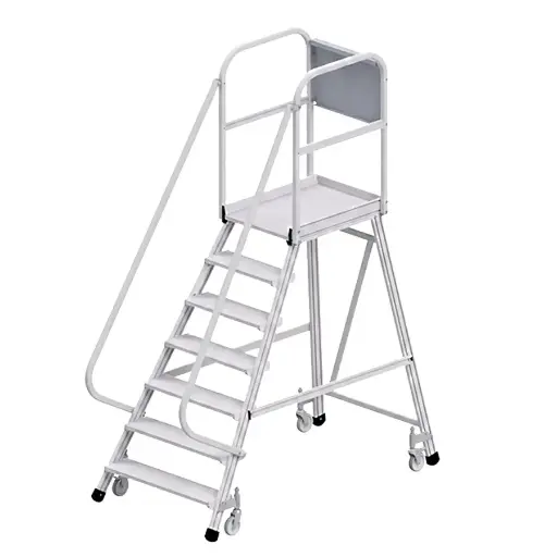 [050753] Escalera móvil con plataforma de acceso por un lado con barandillas - 7 escalones - Dim.: 2100x1200x2700h mm - Aluminio