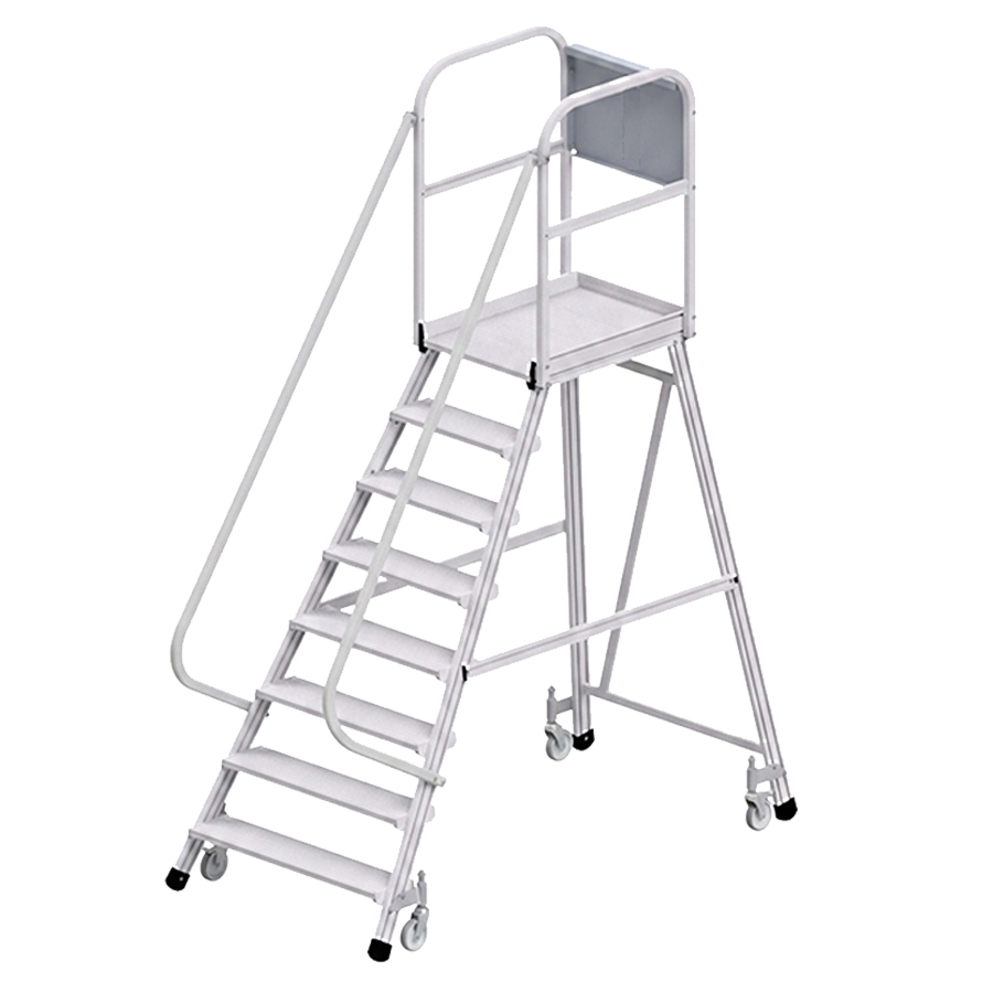 [050754] Escalera móvil con plataforma de acceso por un lado con barandillas - 8 escalones - Dim.: 2300x1200x2950h mm - Aluminio