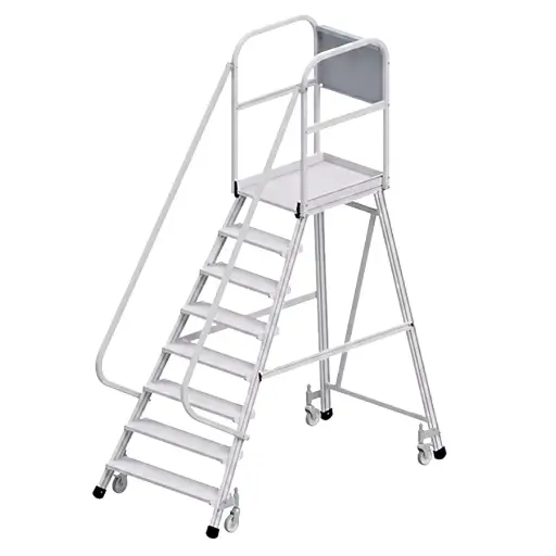 [050754] Escalera móvil con plataforma de acceso por un lado con barandillas - 8 escalones - Dim.: 2300x1200x2950h mm - Aluminio